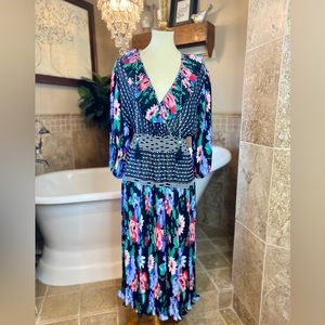 Vintage Diane Freis deep Vneck tropical floral dress size medium